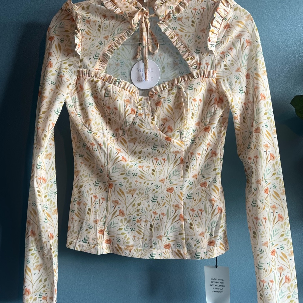 Floral Ruffle Long Sleeve Blouse - Cream and Orange